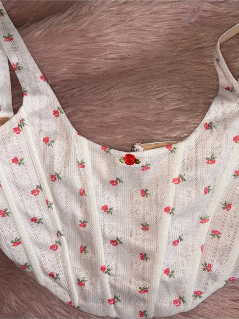 White Floral Knit Rose-Print Cropped Camisole